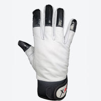 White leather glove with black reinforced fingertips and a black wrist strap featuring the Xact logo.